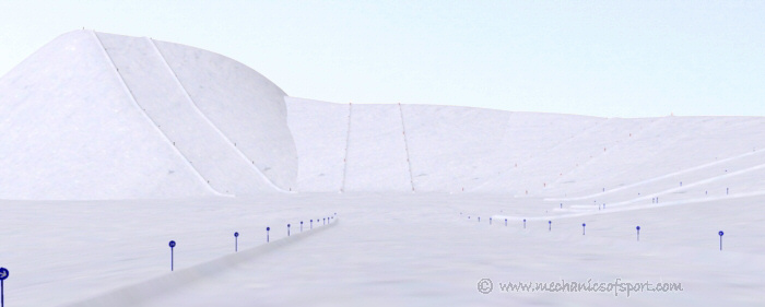 Looking down one of the blue pistes in the virtual ski area